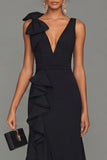 Black V-Neck Long Formal Dress with Ruffles