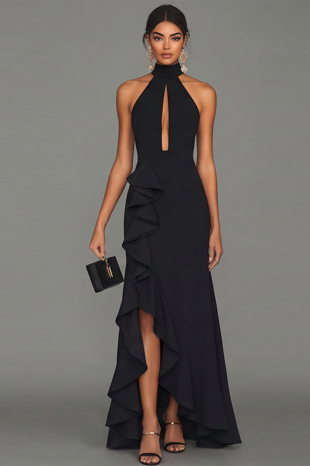 Zapakasa Women Black Long Formal Dress with Ruffles High Neck Satin
