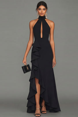 Black Long Formal Dress with Ruffles High Neck Satin Black Tie Dress with Slit