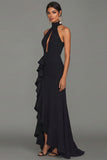 Long Black High Neck Formal Dress with Ruffles
