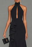 Long Black High Neck Formal Dress with Ruffles