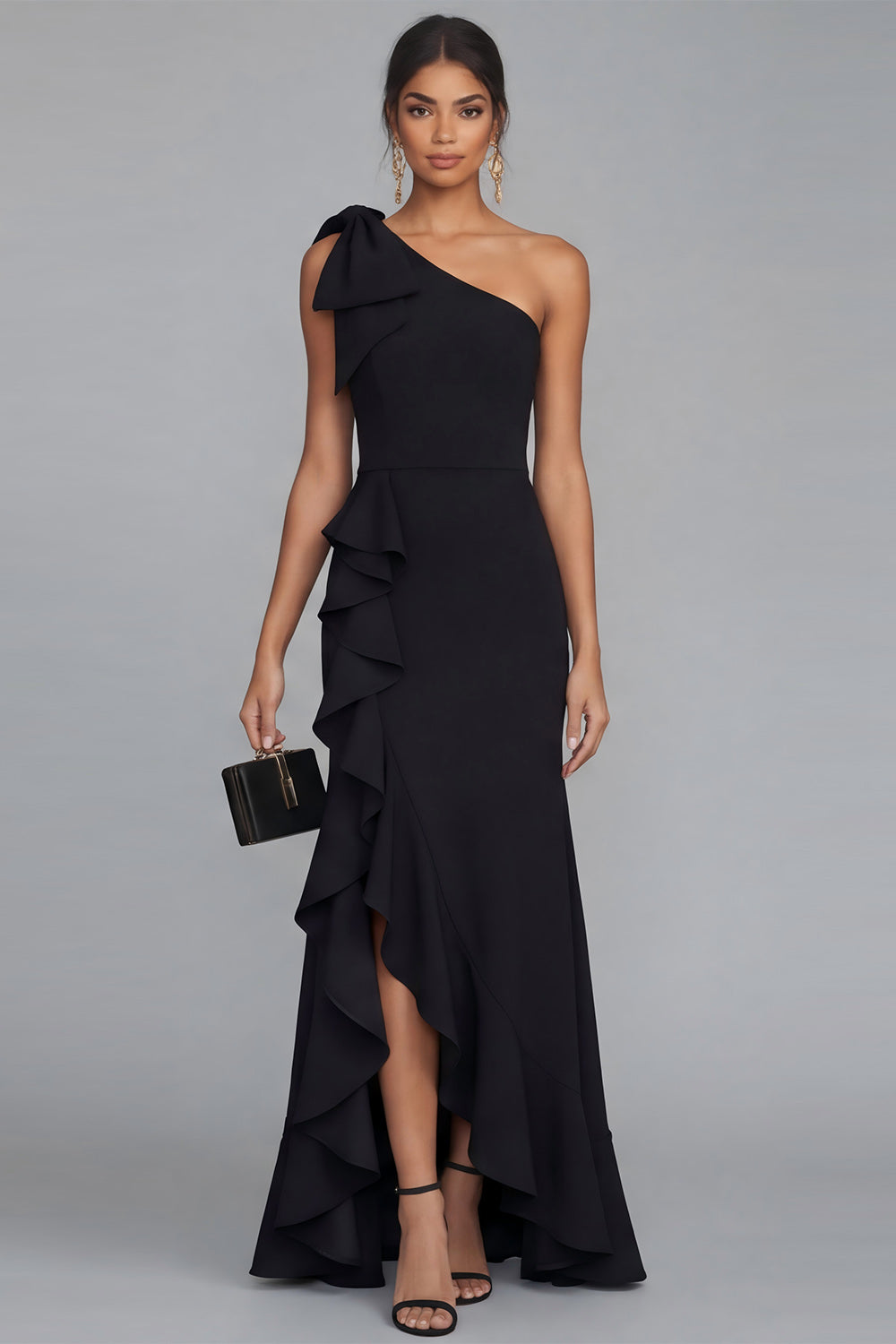 Long One Shoulder Sheath Black Formal Dress with Ruffles