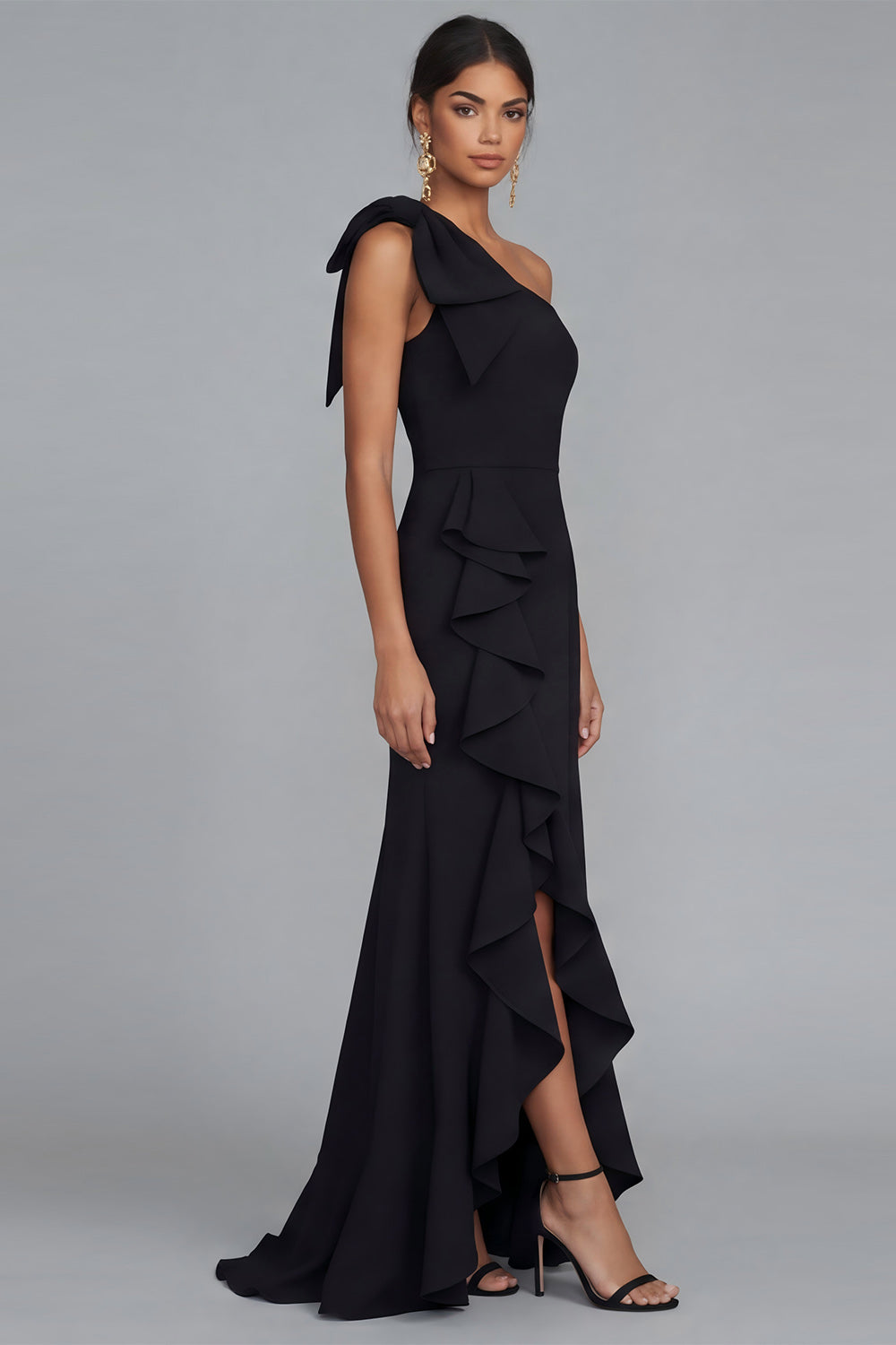 Long One Shoulder Sheath Black Formal Dress with Ruffles