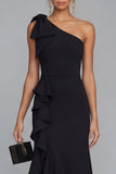 Long One Shoulder Sheath Black Formal Dress with Ruffles