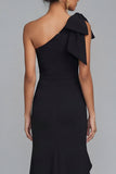 Long One Shoulder Sheath Black Formal Dress with Ruffles