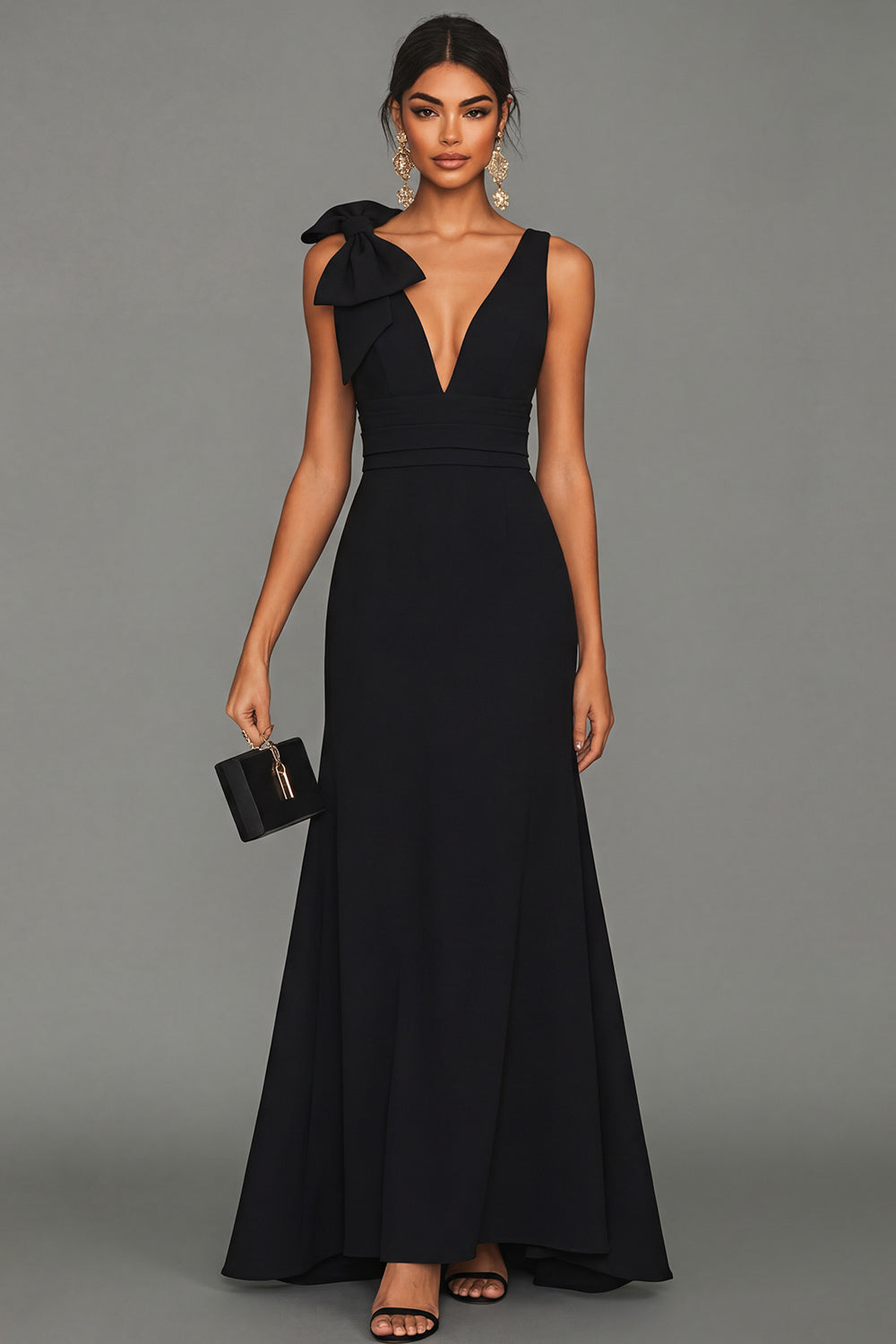 Long A Line Black V-Neck Formal Dress with Bow
