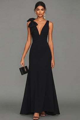 Long A Line Black V-Neck Formal Dress with Bow