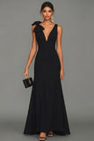 Long A Line Black V-Neck Formal Dress with Bow