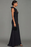 Long A Line Black V-Neck Formal Dress with Bow