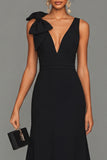 Long A Line Black V-Neck Formal Dress with Bow