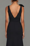 Long A Line Black V-Neck Formal Dress with Bow