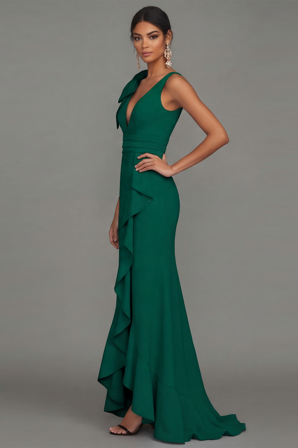 Sky Blue Long V-Neck Mermaid Formal Dress with Ruffles