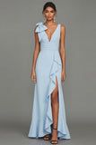 Sky Blue Long V-Neck Mermaid Formal Dress with Ruffles