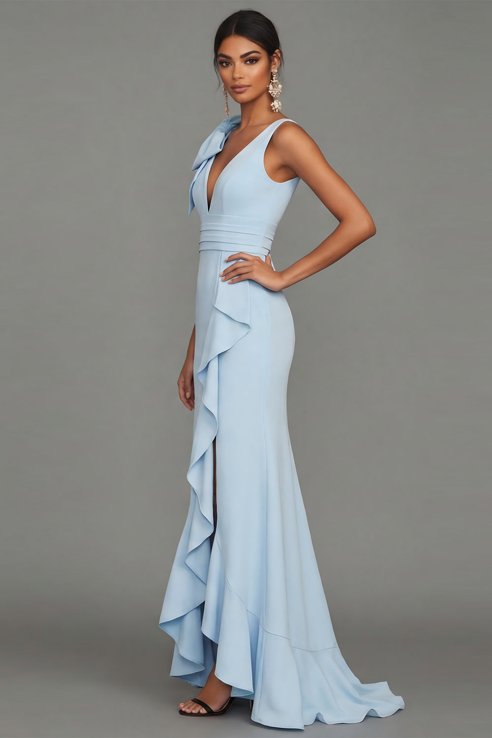 Sky Blue Long V-Neck Mermaid Formal Dress with Ruffles