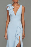 Sky Blue Long V-Neck Mermaid Formal Dress with Ruffles