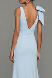 Sky Blue Long V-Neck Mermaid Formal Dress with Ruffles