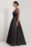 Black and White Polka Dots Ruched Long A Line Formal Dress