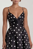 Black and White Polka Dots Ruched Long A Line Formal Dress