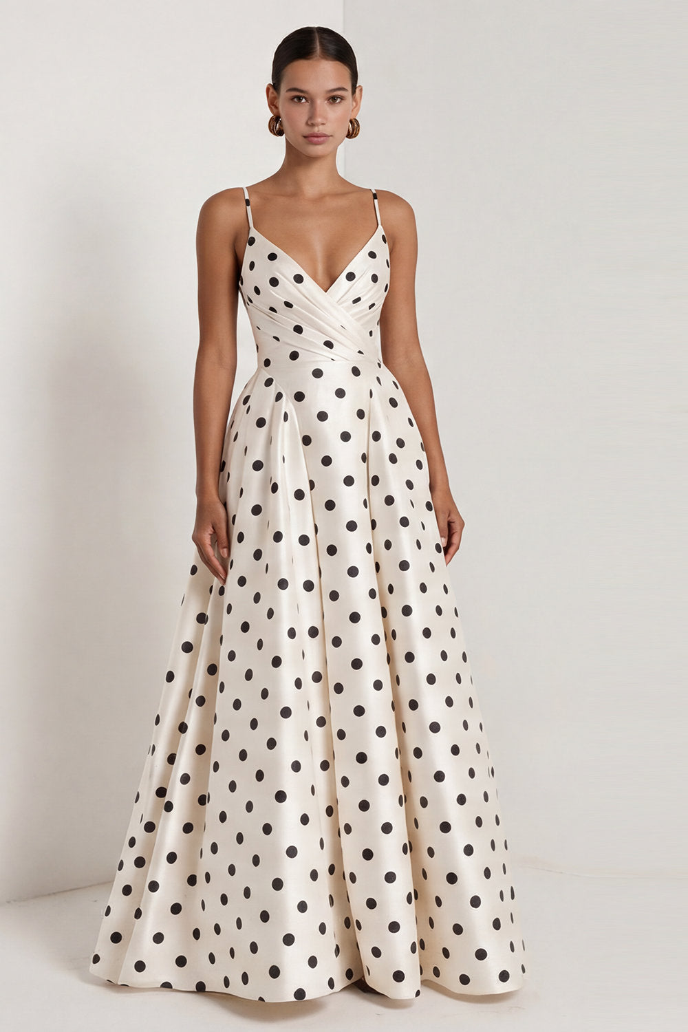 Black and White Polka Dots Ruched Long A Line Formal Dress