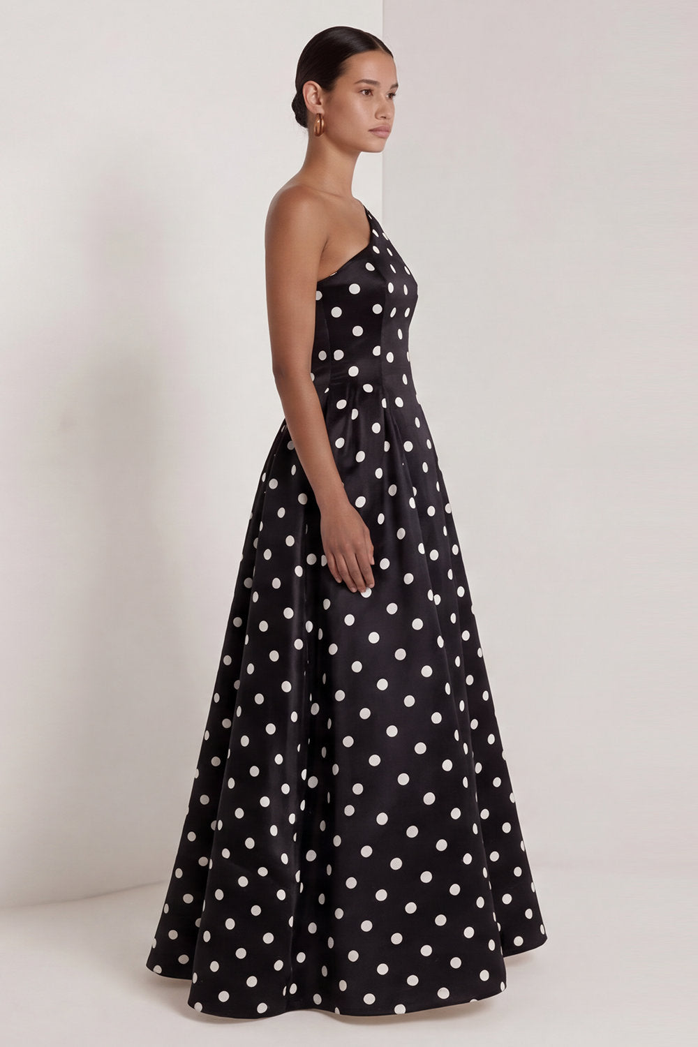 One Shoulder Black and White Polka Dots Long A Line Formal Dress