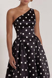 One Shoulder Black and White Polka Dots Long A Line Formal Dress