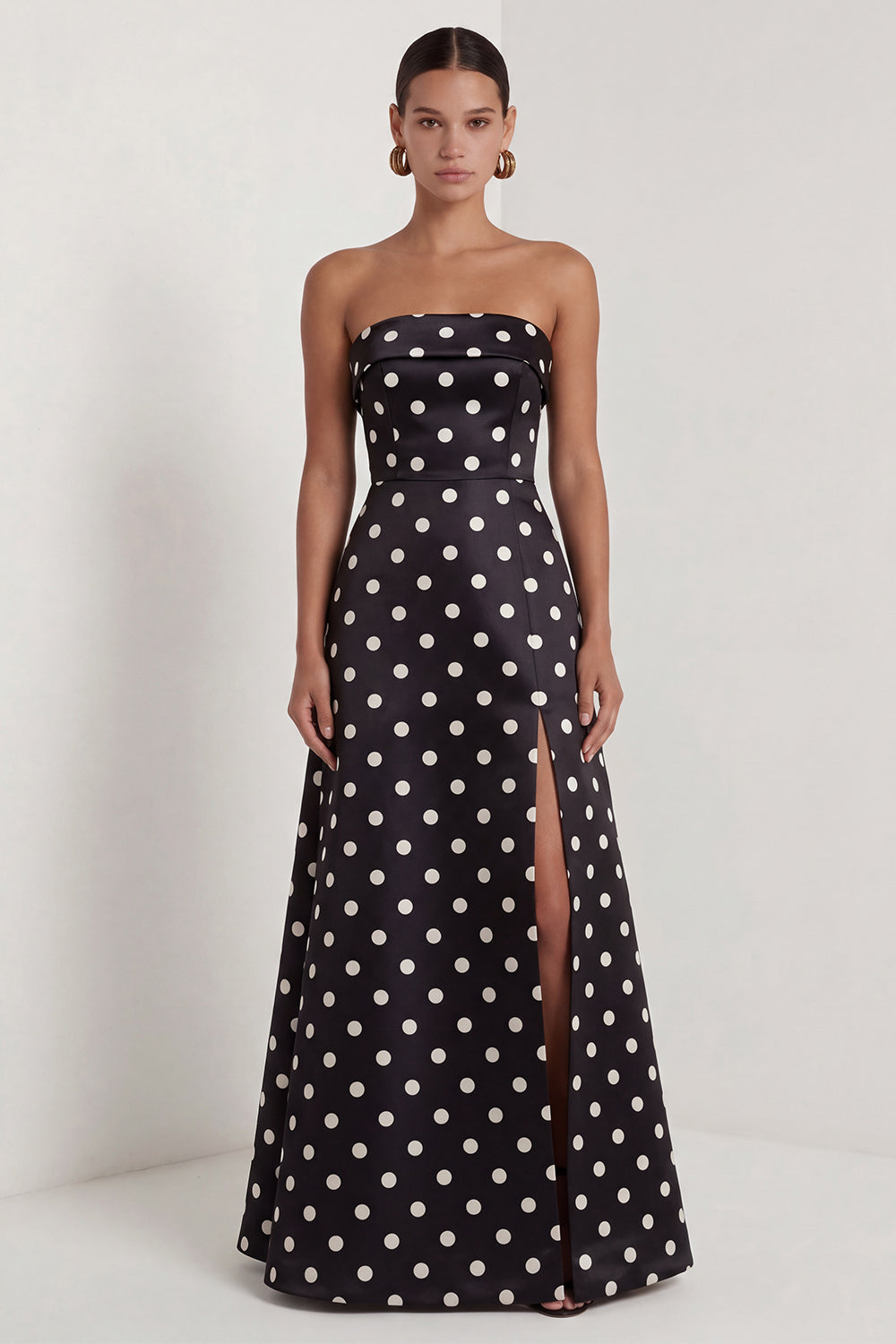 Strapless Black and White Polka Dots Long A Line Formal Dress with Slit