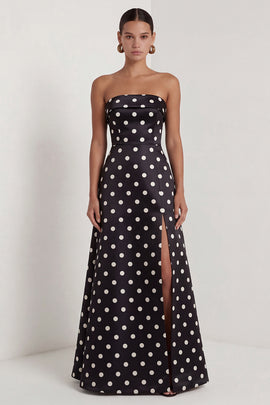 Strapless Black and White Polka Dots Long A Line Formal Dress with Slit