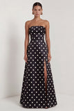 Strapless Black and White Polka Dots Long A Line Formal Dress with Slit