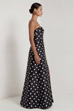 Strapless Black and White Polka Dots Long A Line Formal Dress with Slit