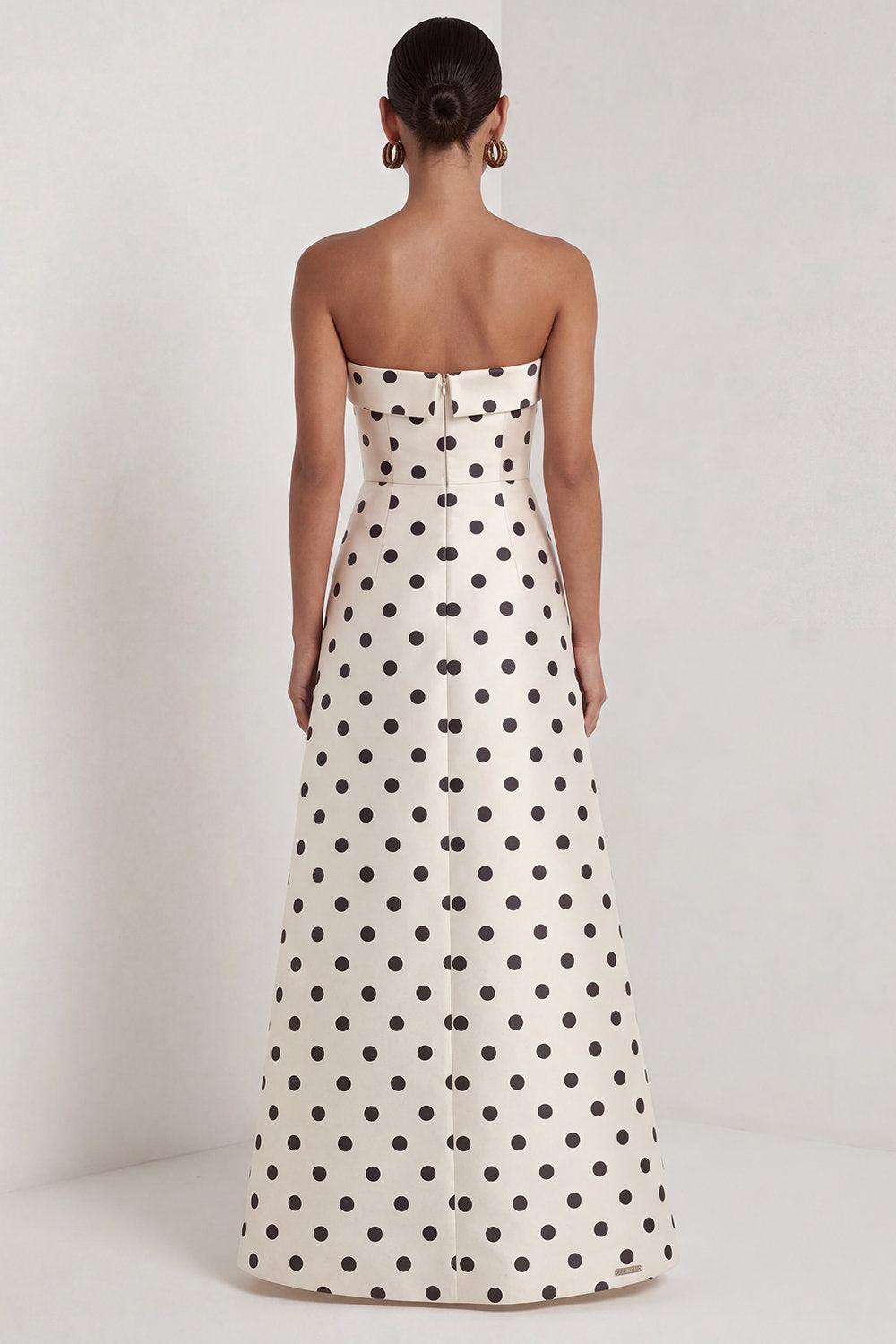Strapless Black and White Polka Dots Long A Line Formal Dress with Slit