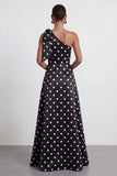A Line Black and White Polka Dots Long Formal Dress with Bow