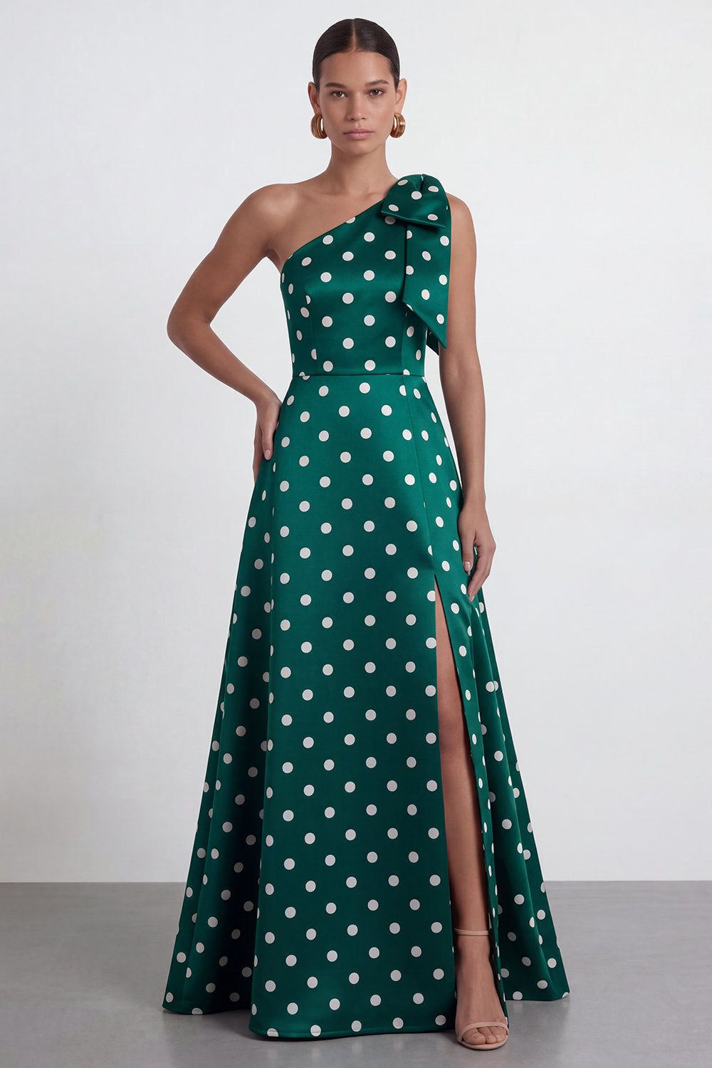A Line Black and White Polka Dots Long Formal Dress with Bow