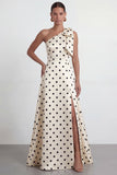 A Line Black and White Polka Dots Long Formal Dress with Bow