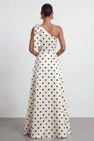 A Line Black and White Polka Dots Long Formal Dress with Bow