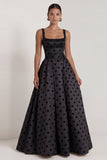 Long Square Neck A Line Black Polka Dots Formal Dress with Bow