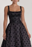 Long Square Neck A Line Black Polka Dots Formal Dress with Bow