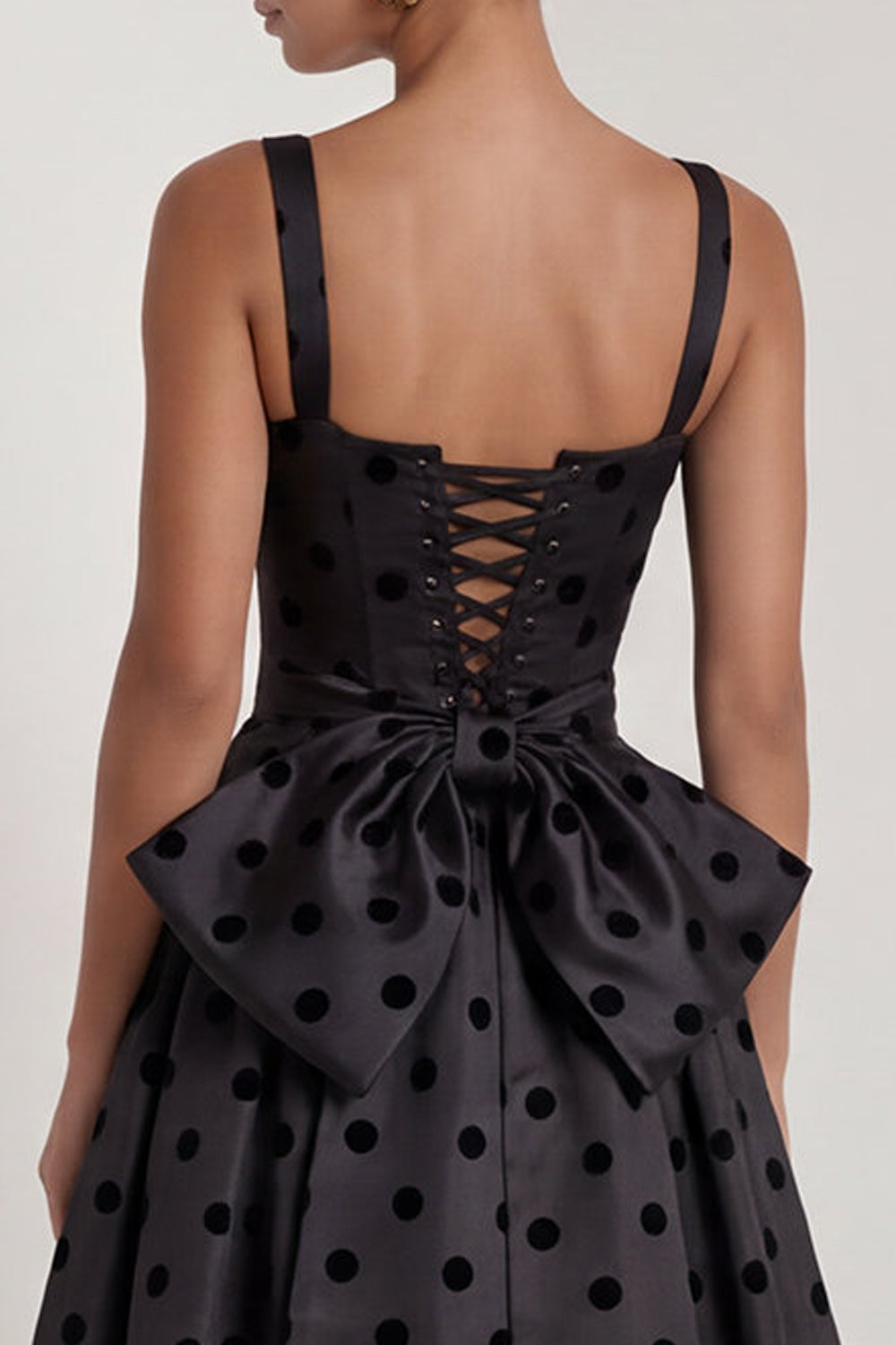 Long Square Neck A Line Black Polka Dots Formal Dress with Bow