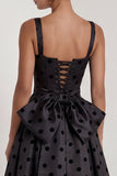 Long Square Neck A Line Black Polka Dots Formal Dress with Bow