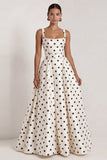 Long Square Neck A Line Black Polka Dots Formal Dress with Bow