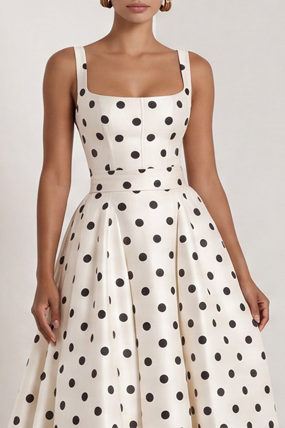 Long Square Neck A Line Black Polka Dots Formal Dress with Bow