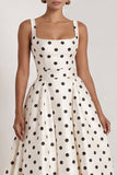 Long Square Neck A Line Black Polka Dots Formal Dress with Bow