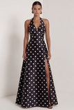 Halter A Line Black and White Polka Dots Long Formal Dress with Bow