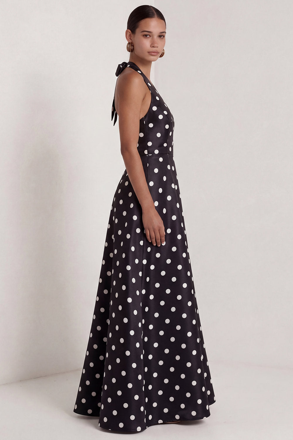 Halter A Line Black and White Polka Dots Long Formal Dress with Bow