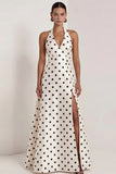 Halter A Line Black and White Polka Dots Long Formal Dress with Bow