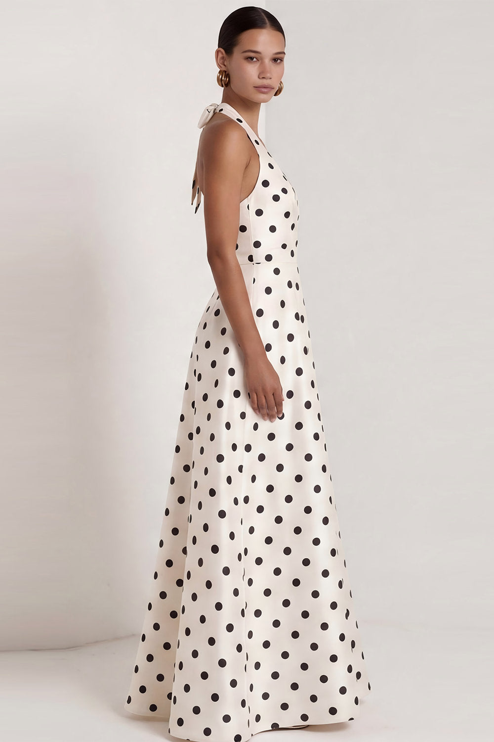 Halter A Line Black and White Polka Dots Long Formal Dress with Bow