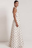 Halter A Line Black and White Polka Dots Long Formal Dress with Bow