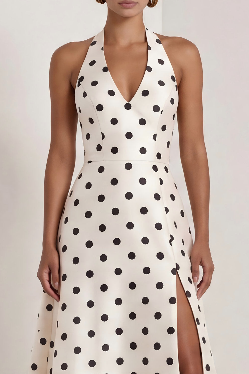 Halter A Line Black and White Polka Dots Long Formal Dress with Bow