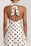 Halter A Line Black and White Polka Dots Long Formal Dress with Bow