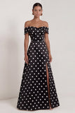 A Line Black and White Polka Dots Long Formal Dress with Slit