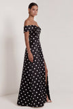 A Line Black and White Polka Dots Long Formal Dress with Slit